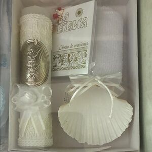 White Religious Candle Set for Baptism with Shell and Prayer Book
